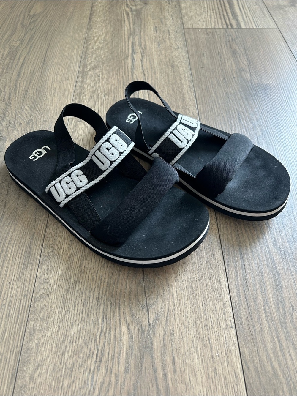 UGG Black and White Logo Strap Sandals - Picture 1 of 7